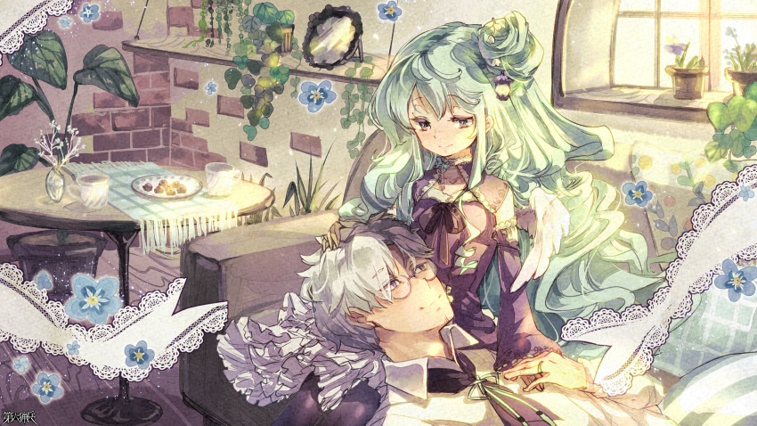 1boy 1girl black_hair couch cup dairoku_ryouhei day facial_hair flower glasses green_hair harenochi_hareta highres holding_hands indoors jewelry long_hair lying multicolored_hair on_back plant plate potted_plant ring shelf sitting smile stubble table two-tone_hair vase very_long_hair white_hair white_wings wings wooden_floor