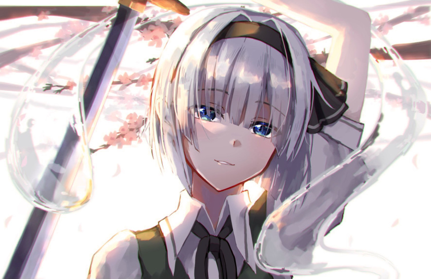 1girl ascot black_ascot blue_eyes bo_cota branch cherry_blossoms collared_shirt green_vest highres holding holding_sword holding_weapon konpaku_youmu_(ghost) looking_at_viewer portrait shirt smile solo sword touhou vest weapon white_background white_hair white_shirt