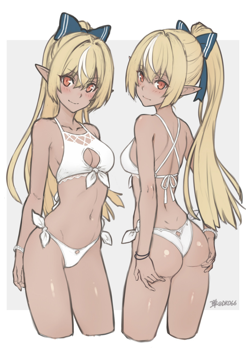 1girl ass ass_support bikini blonde_hair blue_bow blush bow breasts cleavage cleavage_cutout closed_mouth clothing_cutout commentary cropped_legs dan_(kumadan) dark-skinned_female dark_skin elf hair_between_eyes hair_bow highres hololive long_hair looking_at_viewer medium_breasts multicolored_hair multiple_views navel pointy_ears ponytail red_eyes shiranui_flare side-tie_bikini_bottom smile stomach streaked_hair swimsuit symbol-only_commentary very_long_hair virtual_youtuber white_bikini white_hair