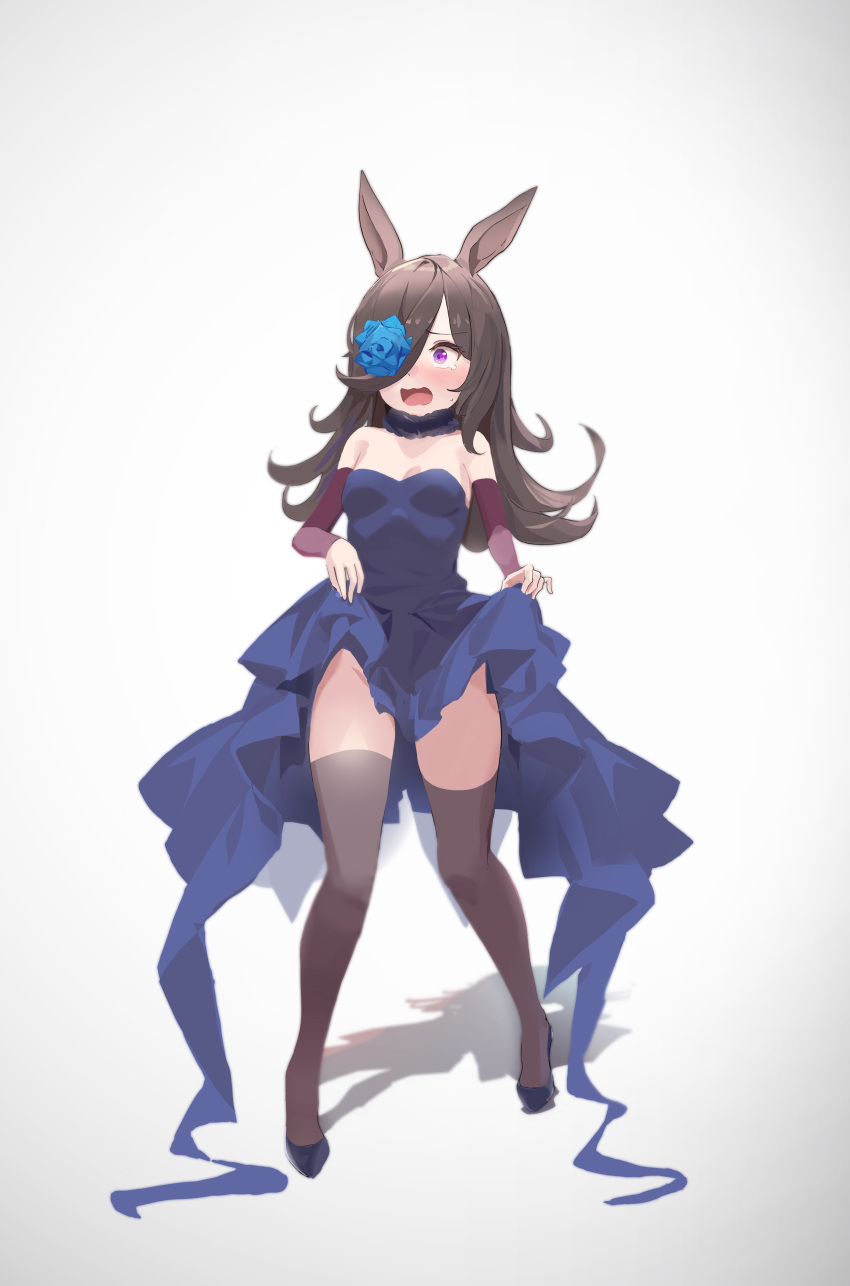 1girl absurdres alternate_costume animal_ears bare_shoulders black_footwear blue_flower blue_rose blush breasts brown_hair brown_thighhighs cleavage detached_sleeves dress embarrassed flower full_body fur_choker groin hair_flower hair_ornament hair_over_one_eye highres horse_ears long_hair looking_to_the_side nanaguru no_panties open_mouth purple_eyes rice_shower_(umamusume) rose shadow skirt_hold small_breasts smile solo standing strapless strapless_dress sweatdrop tearing_up thighhighs umamusume