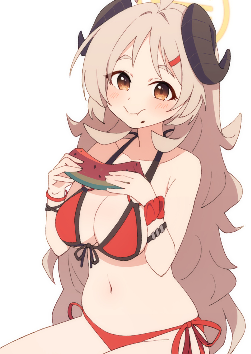 1girl afnroll ahoge bare_arms bikini black_horns blue_archive blush breasts cleavage closed_mouth commentary cowboy_shot curled_horns eating food front-tie_bikini_top front-tie_top fruit hair_ornament hairclip halo halterneck highres horns izumi_(blue_archive) izumi_(swimsuit)_(blue_archive) large_breasts light_brown_hair long_hair navel official_alternate_costume plump red_bikini scrunchie short_eyebrows side-tie_bikini_bottom sideboob simple_background solo standing stomach string_bikini swimsuit symbol-only_commentary teeth thick_eyebrows thighs underboob upper_teeth_only very_long_hair watermelon watermelon_seeds watermelon_slice wavy_hair weight_conscious white_background wrist_scrunchie wristband yellow_eyes