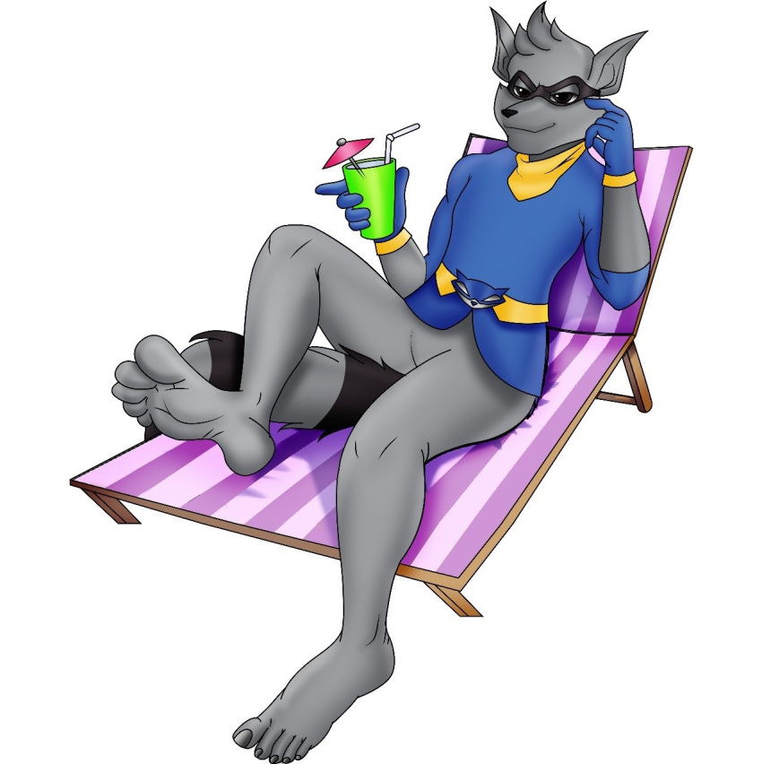 5_toes anthro bottomless clothed clothing container cup feet hi_res humanoid humanoid_feet lawn_chair male mammal nails plantigrade procyonid raccoon sly_cooper sly_cooper_(series) soles solo sony_corporation sony_interactive_entertainment sucker_punch_productions toenails toes