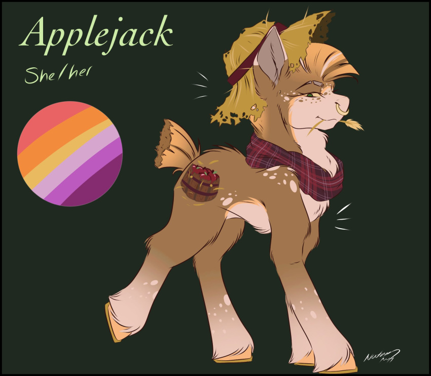 2023 applejack_(mlp) black_border blonde_hair border brown_body brown_ear brown_fur clothing cutie_mark earth_pony equid equine eyebrow_slit eyebrows facial_piercing feathering female feral fluffyfoxarts friendship_is_magic fur green_background green_eyes green_text grey_eyebrows grey_inner_ear hair hasbro hat hay_in_mouth headgear headwear hi_res hooves horse horseshoe lesbian_pride_colors lgbt_pride mammal mohawk my_little_pony nose_piercing nose_ring orange_hooves orange_tail pattern_clothing pattern_scarf piercing plaid plaid_clothing plaid_scarf pony pride_colors pronouns red_scarf ring_piercing scarf signature simple_background solo straw_hat tail text tomboy two_tone_ear white_body white_ear white_fur yellow_sclera