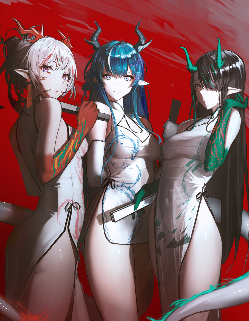 3girls absurdres arknights bare_shoulders black_hair blue_eyes blue_hair breasts china_dress chinese_clothes colored_skin commentary_request covered_navel dragon_girl dragon_horns dragon_tail dress dusk dusk_(arknights) earrings ganet_p gloves green_hair green_skin hair_over_one_eye hand_fan highres holding holding_fan horns jewelry light_smile ling_(arknights) long_hair looking_at_viewer medium_breasts medium_hair multicolored_hair multiple_girls nian_(arknights) pointy_ears purple_eyes red_background red_eyes red_hair red_skin siblings sidelocks sisters sleeveless sleeveless_dress streaked_hair tail tassel tassel_earrings thighs very_long_hair white_gloves white_hair