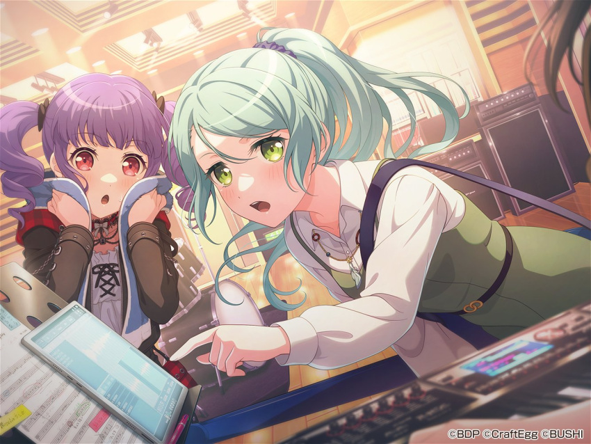 2girls aqua_hair bang_dream! blush dress drill_hair drum drum_set green_dress green_eyes high_ponytail hikawa_sayo instrument keyboard_(instrument) long_hair long_sleeves looking_at_viewer multiple_girls musical_note official_art open_mouth purple_hair red_eyes twin_drills twintails udagawa_ako