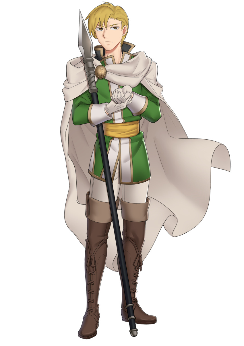 1boy absurdres blonde_hair boots brown_eyes brown_footwear cain_(fire_emblem:_thracia_776) cape coat ebinku fire_emblem fire_emblem:_thracia_776 full_body gloves green_coat highres holding holding_polearm holding_weapon looking_at_viewer pants polearm solo weapon white_cape white_gloves white_pants