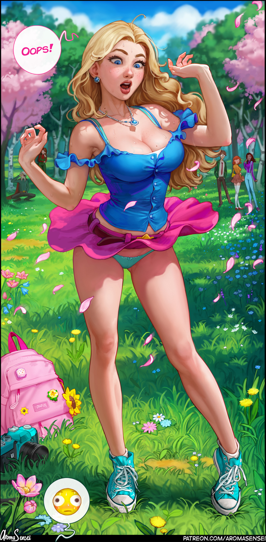 absurdres accidental_exposure aqua_footwear aqua_panties aroma_sensei backpack bag bare_shoulders belt blonde_hair blue_eyes blue_shirt blush bow bow_panties breasts camisole cleavage collarbone contrapposto emoji english_text forehead forest frilled_shirt frills full_body grass haley_(stardew_valley) hands_up harvey_(stardew_valley) high_tops highres jewelry large_breasts long_hair looking_down maru_(stardew_valley) midriff_peek miniskirt mole mole_on_breast nature necklace open_mouth outdoors panties pantyshot parted_hair penny_(stardew_valley) petals pink_skirt shirt shoes skirt sneakers socks solo_focus speech_bubble standing star_(symbol) stardew_valley surprised underwear wavy_hair white_socks wind wind_lift