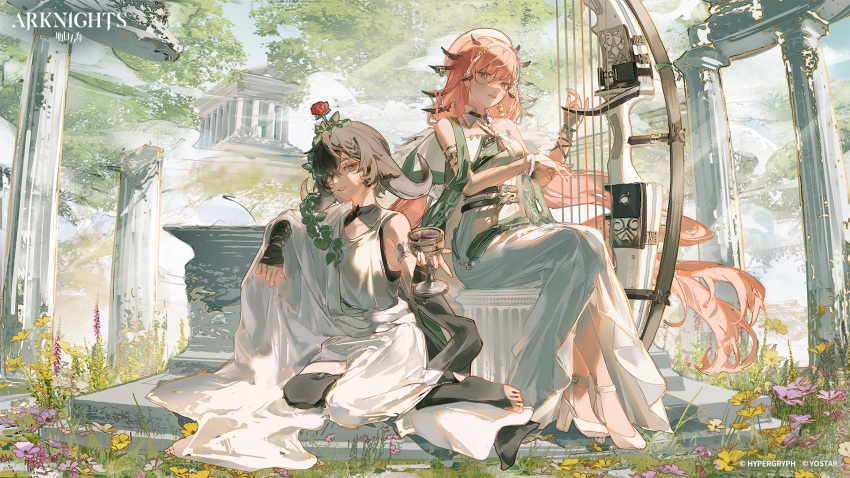 architecture arknights arm_wrap bare_shoulders black_hair bridal_legwear brown_eyes chalice closed_mouth commentary copyright_name detached_collar dress english_commentary erato_(arknights) flower full_body greco-roman_architecture green_eyes hair_flower hair_ornament harp high_heels highres instrument kei_(keiuu) long_hair medium_hair music no_shoes official_art outdoors pallas_(arknights) parted_lips pink_hair playing_instrument rose second-party_source sitting sleeveless sleeveless_dress toes white_dress white_footwear yokozuwari