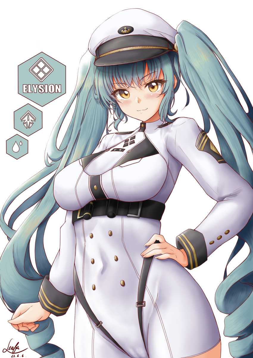 1girl :o absurdres belt black_belt blue_hair boots breasts cameltoe closed_mouth covered_navel drill_hair goddess_of_victory:_nikke hair_between_eyes hand_on_own_hip hat highres holster holstered kei_leafa large_breasts long_hair long_sleeves looking_at_viewer military military_hat military_uniform peaked_cap privaty_(nikke) sidelocks sleeve_cuffs smile solo standing thigh_holster twintails underbust uniform very_long_hair white_headwear yellow_eyes