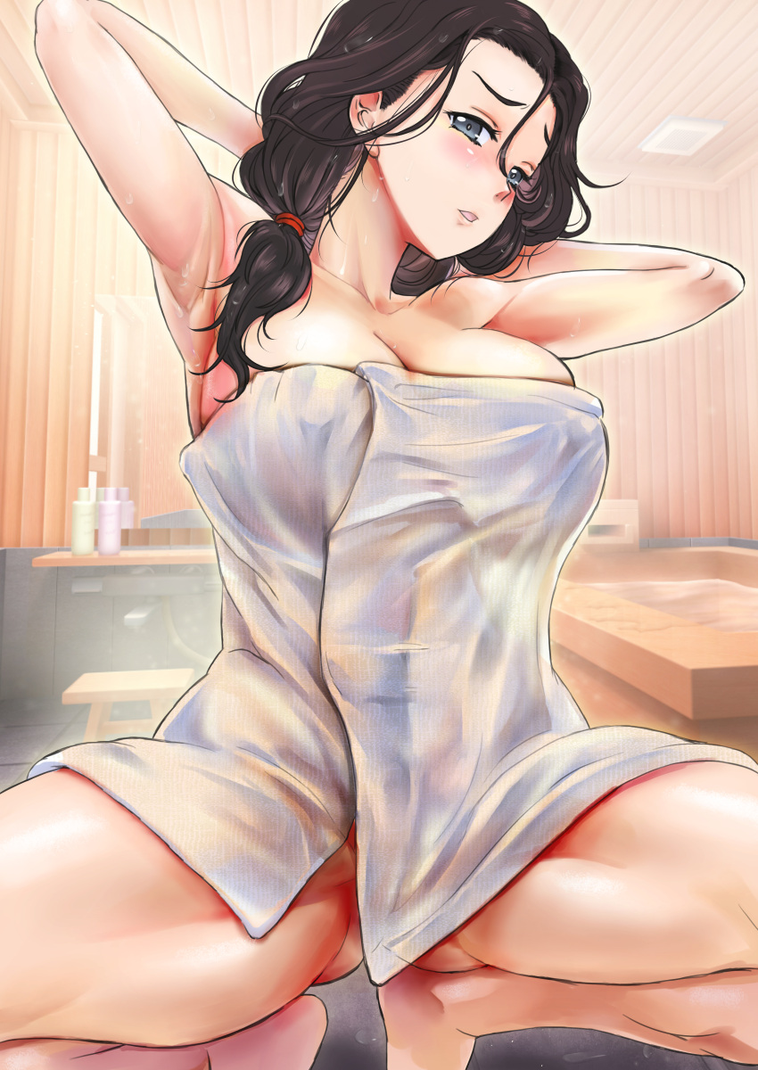 1girl absurdres arms_behind_head arms_up barefoot black_eyes black_hair blush breasts cleavage commentary_request commission girls_und_panzer hair_down hair_over_shoulder hair_tie half-closed_eyes hamada_kiyo head_tilt highres indoors large_breasts light_frown looking_at_viewer medium_hair nabeyu naked_towel parted_lips partial_commentary pixiv_commission sauna solo spread_legs squatting steam textless_version towel wet wet_hair white_towel