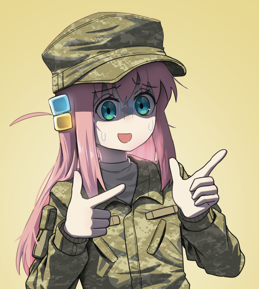 1girl blue_eyes bocchi_the_rock! camouflage camouflage_headwear camouflage_jacket cube_hair_ornament finger_gun gotou_hitori gradient_background hair_ornament hands_up hat highres jacket long_hair military military_hat military_uniform myjet nervous one_side_up open_mouth pink_hair soldier solo sweat uniform