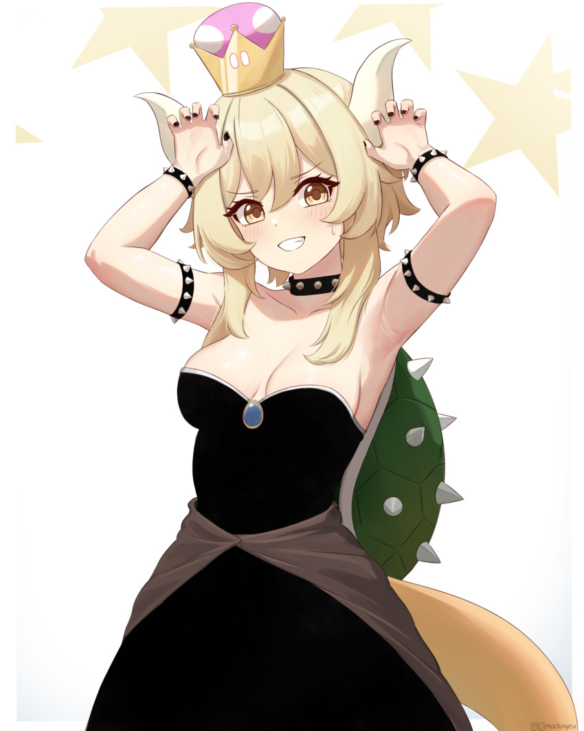 1girl armlet armpits arms_up bare_shoulders black_collar black_dress blonde_hair blush border bowsette bowsette_(cosplay) bracelet breasts claw_pose collar cosplay cowboy_shot crown dress eyelashes furrowed_brow genshin_impact grin highres horns jewelry lumine_(genshin_impact) mario_(series) medium_breasts mockingeu new_super_mario_bros._u_deluxe outside_border smile solo spiked_armlet spiked_bracelet spiked_collar spiked_shell spikes star_(symbol) strapless strapless_dress super_crown tail turtle_shell white_border wristlet yellow_eyes