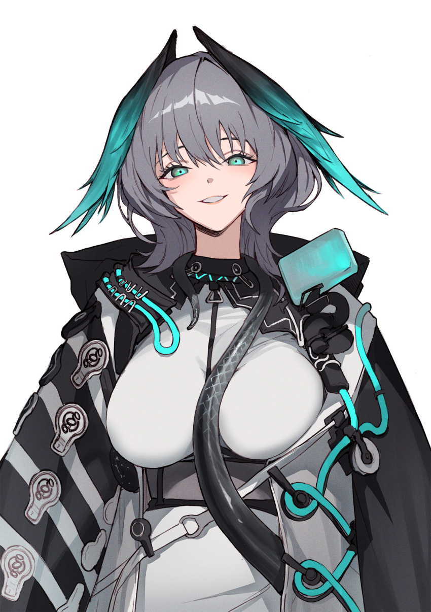 :d aqua_eyes arknights belt breasts cowboy_shot dress grey_hair grin head_wings highres ho'olheyak_(arknights) impossible_clothes impossible_dress jason_kim large_breasts long_hair looking_at_viewer open_clothes parted_lips simple_background smile solo tail white_background white_dress