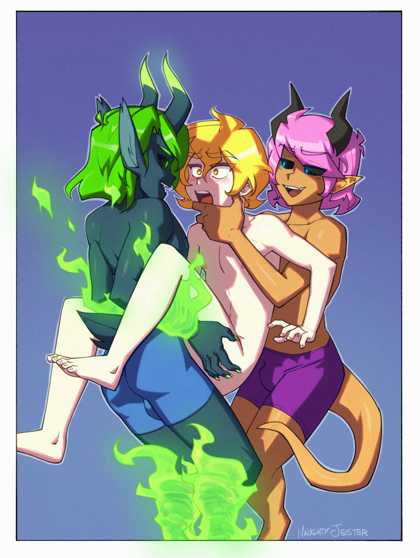 absurd_res bedroom_eyes black_sclera blonde_hair blue_background boxer_briefs boxer_briefs_only butt butt_grab chin_grab clothed clothing colored_fire curved_horn demon demon_humanoid fangs fire girly green_body green_fire green_highlights green_skin group hair half-closed_eyes hand_on_butt hi_res highlights_(coloring) horn human humanoid humanoid_pointy_ears imminent_sex imminent_threesome lapinbeau male mammal narrowed_eyes nude open_mouth open_smile orange_body orange_skin pink_hair seductive simple_background smile smirk smug smug_face smug_grin teeth topless trio underwear underwear_only