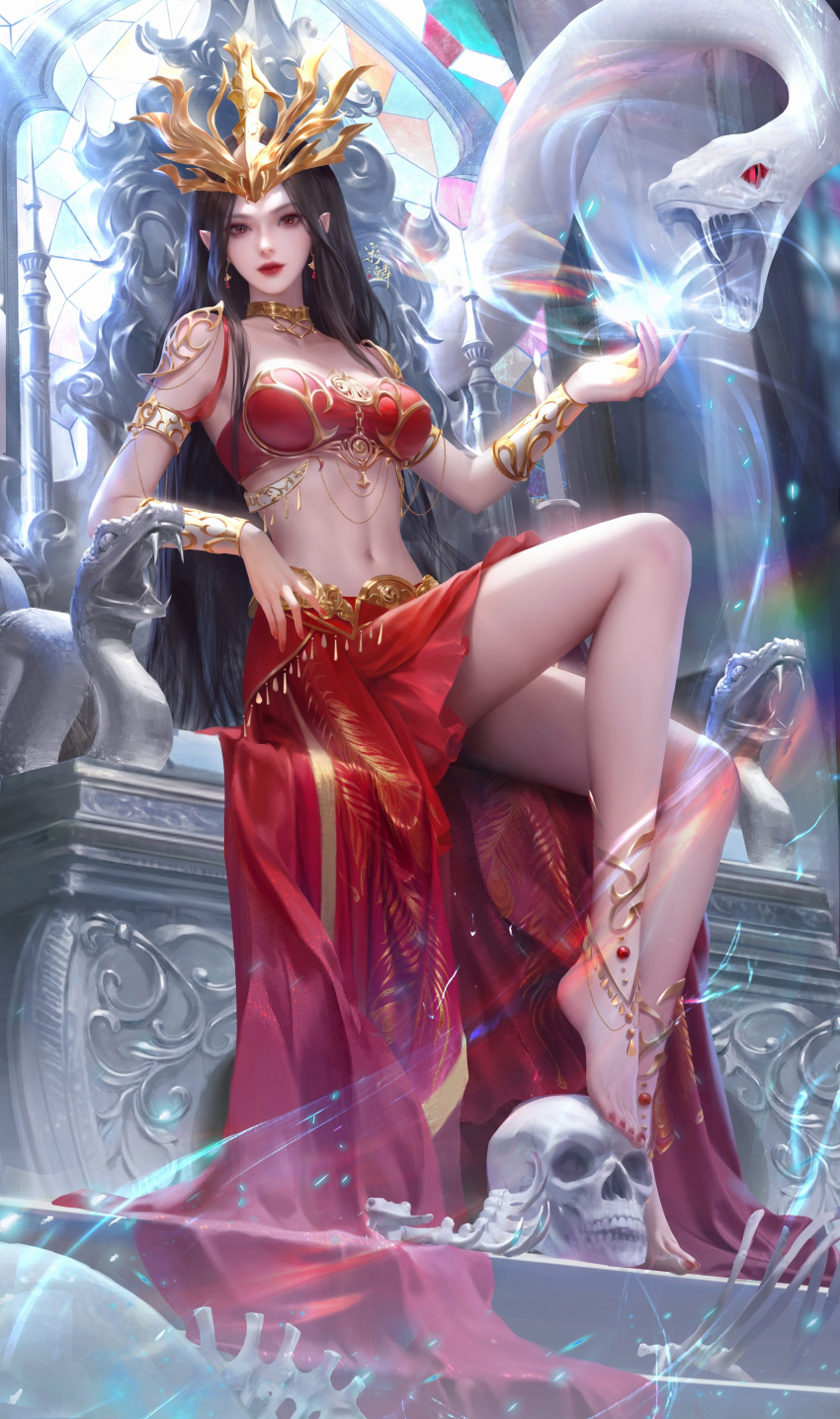 1girl absurdres anklet armlet bad_link brown_hair cai_lin_(doupo_cangqiong) closed_mouth collar doupo_cangqiong earrings full_body fupo_alian hair_ornament highres jewelry light long_hair looking_at_viewer metal_collar navel pointy_ears red_skirt red_tube_top second-party_source sitting skirt skull snake strapless thrown tube_top