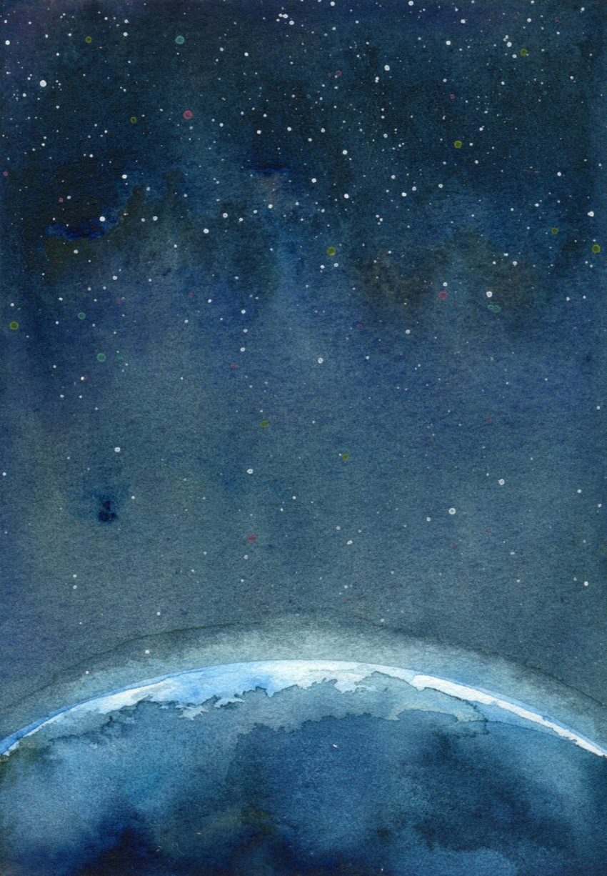 amima_amita dark_background earth_(planet) highres no_humans original painting_(medium) planet scenery sky space star_(sky) starry_sky traditional_media watercolor_(medium)