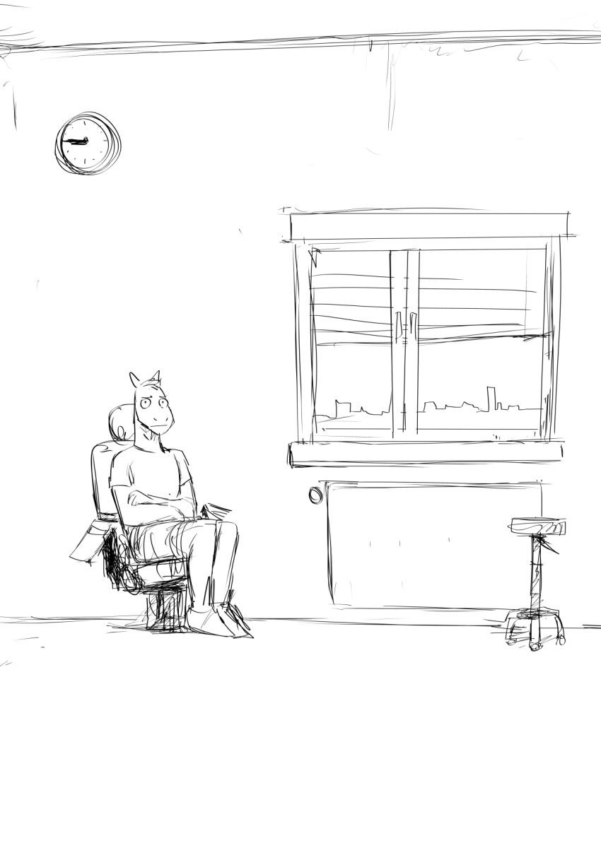 2023 anthro black_and_white chair clothed clothing digital_media_(artwork) doctors_office equid equine fingers furniture hi_res hladilnik horse male mammal monochrome on_chair shaded simple_background sitting sitting_on_chair sketch solo worried worried_face worried_look