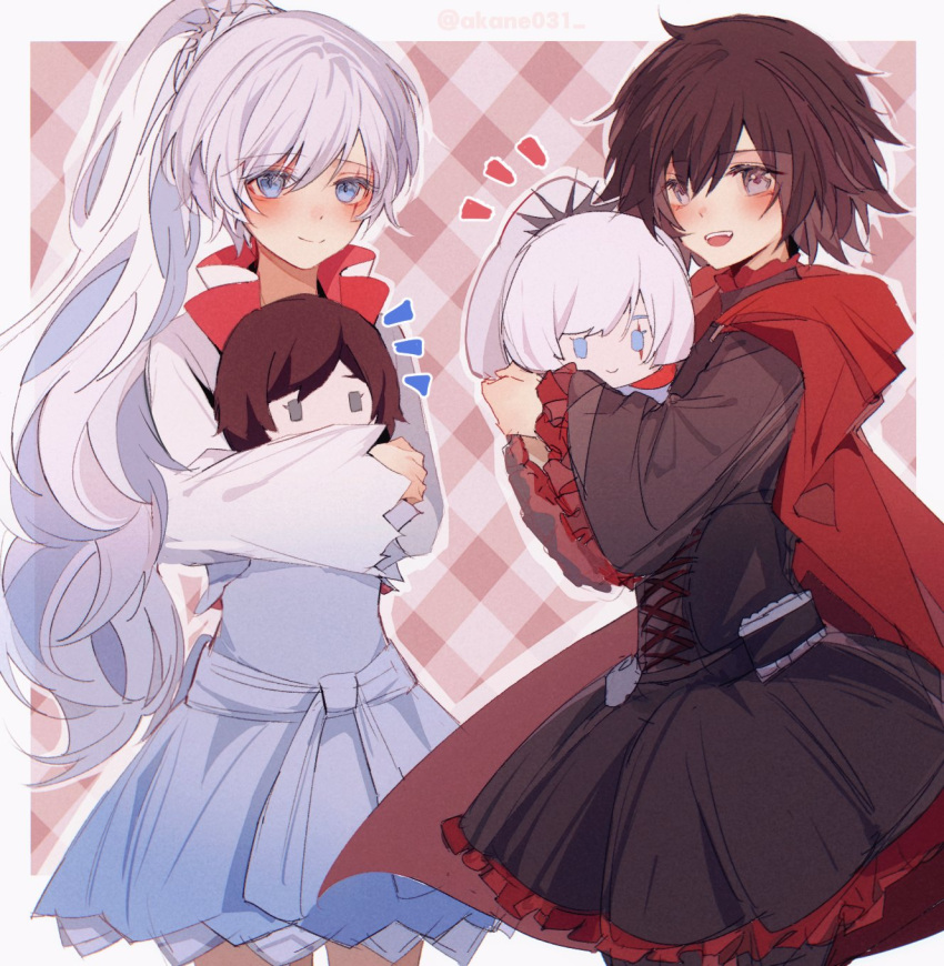 2girls akane031 black_dress blue_eyes blush cape chibi dress gradient_hair grey_eyes highres holding long_hair multicolored_hair multiple_girls plaid plaid_background red_hair ruby_rose rwby scar scar_across_eye short_hair weiss_schnee white_dress white_hair yuri