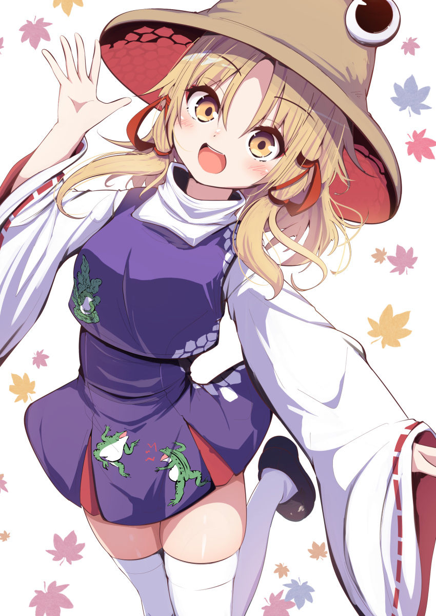 1girl :d absurdres animal_print blonde_hair breasts brown_headwear commentary_request cowboy_shot darumoon dot_nose frog_print hair_ribbon hand_up hat high-waist_skirt highres leaf leg_up light_blush long_sleeves looking_at_viewer maple_leaf mary_janes medium_breasts medium_hair moriya_suwako open_hand open_mouth parted_bangs purple_skirt purple_vest red_ribbon red_sleeves ribbon shirt shoes simple_background skirt skirt_set smile solo thighhighs touhou tress_ribbon turtleneck two-sided_fabric vest waving white_background white_shirt white_thighhighs wide_sleeves yellow_eyes zettai_ryouiki