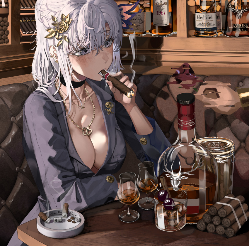 1girl absurdres alcohol ashtray blush bottle breasts cherry choker cigar cleavage cup drinking_glass earrings food fruit hair_ornament hani_haya highres jewelry necklace original purple_eyes smoke smoking solo whiskey white_hair