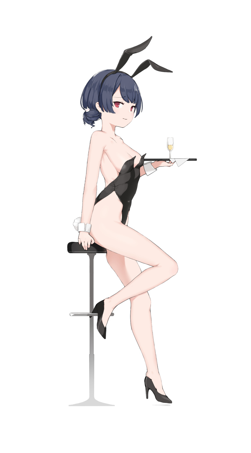 1girl absurdres alternate_costume animal_ears bare_legs bare_shoulders black_footwear black_hairband black_leotard blue_hair breasts closed_mouth collarbone cup dark_blue_hair drinking_glass fake_animal_ears fake_tail from_side full_body hair_bun hair_ornament hairband high_heels highres holding holding_plate idolmaster idolmaster_shiny_colors leotard linnkou looking_at_viewer morino_rinze plate playboy_bunny rabbit_ears rabbit_hair_ornament rabbit_tail red_eyes sideboob sidelocks simple_background sitting solo strapless strapless_leotard swept_bangs tail white_background wine_glass wrist_cuffs
