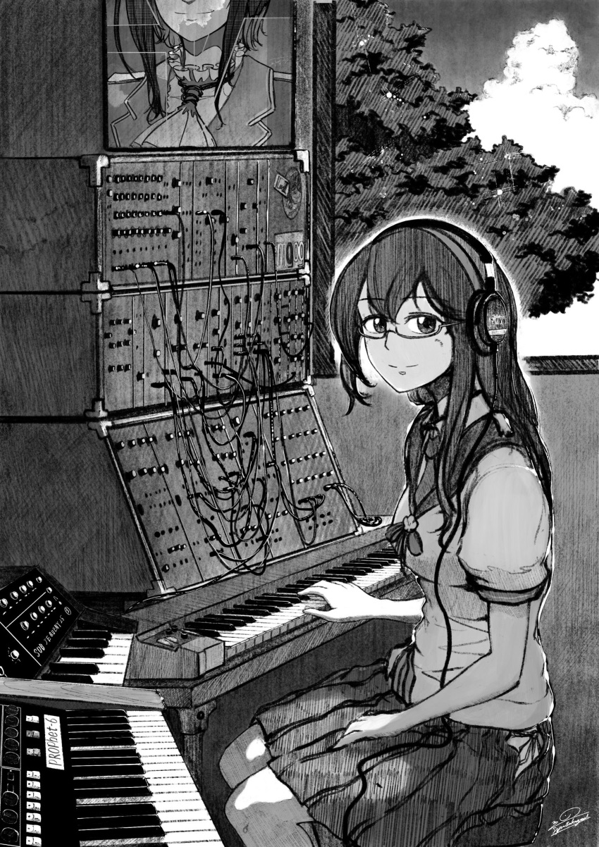 1girl feet_out_of_frame glasses greyscale hairband headphones highres ifs_(sakagami_syu) instrument kantai_collection keyboard_(instrument) long_hair monochrome ooyodo_(kancolle) sailor_collar school_uniform serafuku sitting solo synthesizer takao_(kancolle) tree