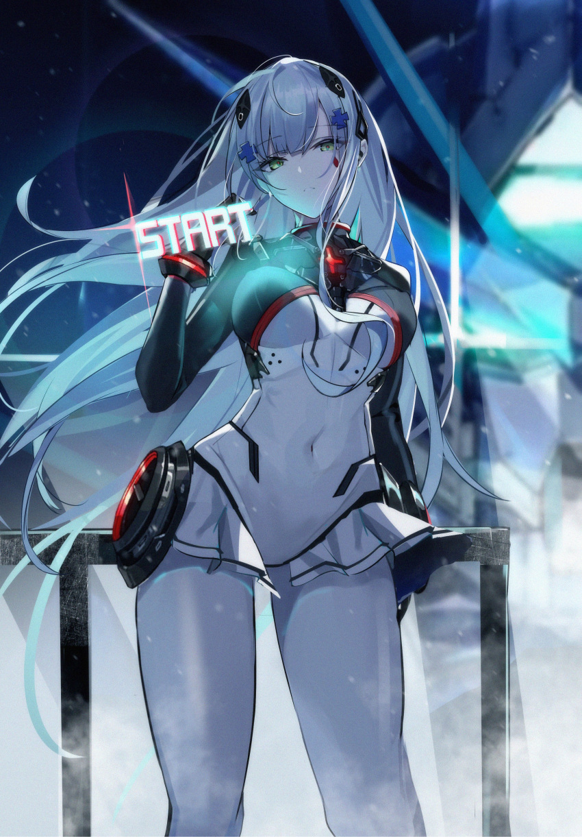 1girl absurdres blue_hair changpan_hutao covered_navel facial_mark feet_out_of_frame girls'_frontline green_eyes hair_ornament head_tilt highres hk416_(girls'_frontline) hk416_(midnight_evangelion)_(girls'_frontline) light_blue_hair long_hair looking_at_viewer official_alternate_costume parted_lips science_fiction solo two-tone_bodysuit very_long_hair x_hair_ornament