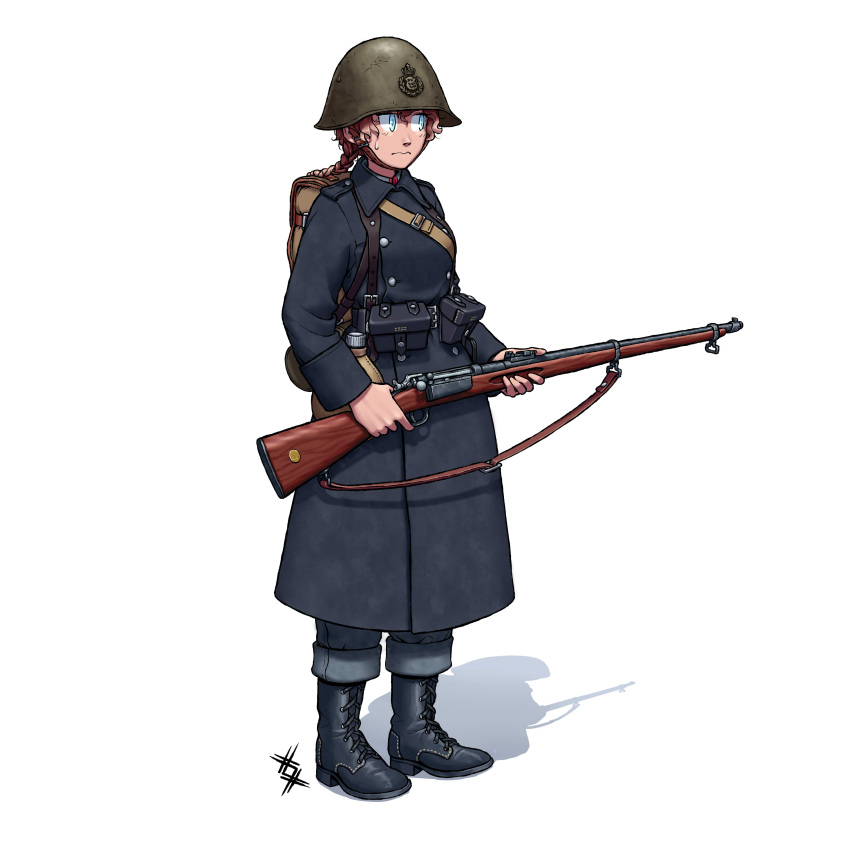 1girl absurdres ammunition_pouch belt_pouch black_coat blue_eyes boots brown_hair canteen coat combat_helmet danish_army danish_uniform denmark full_body gun gun_sling helmet highres holding holding_gun holding_weapon krag_jorgensen long_sleeves military military_uniform original ostwindprojekt pants pouch rifle simple_background soldier solo standing uniform weapon white_background world_war_ii