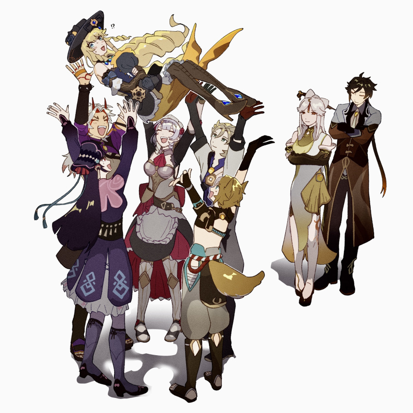 !? 1_ooonoc 4boys 4girls albedo_(genshin_impact) animal_ears arataki_itto armor armored_dress black_hair blonde_hair breasts brown_hair china_dress chinese_clothes closed_eyes coat commentary_request crossed_arms dog_boy dog_ears dog_tail dress full_body genshin_impact gloves gorou_(genshin_impact) hat highres horns japanese_clothes long_hair long_sleeves multiple_boys multiple_girls navia_(genshin_impact) ningguang_(genshin_impact) noelle_(genshin_impact) open_mouth pants simple_background standing tail vision_(genshin_impact) yun_jin_(genshin_impact) zhongli_(genshin_impact)