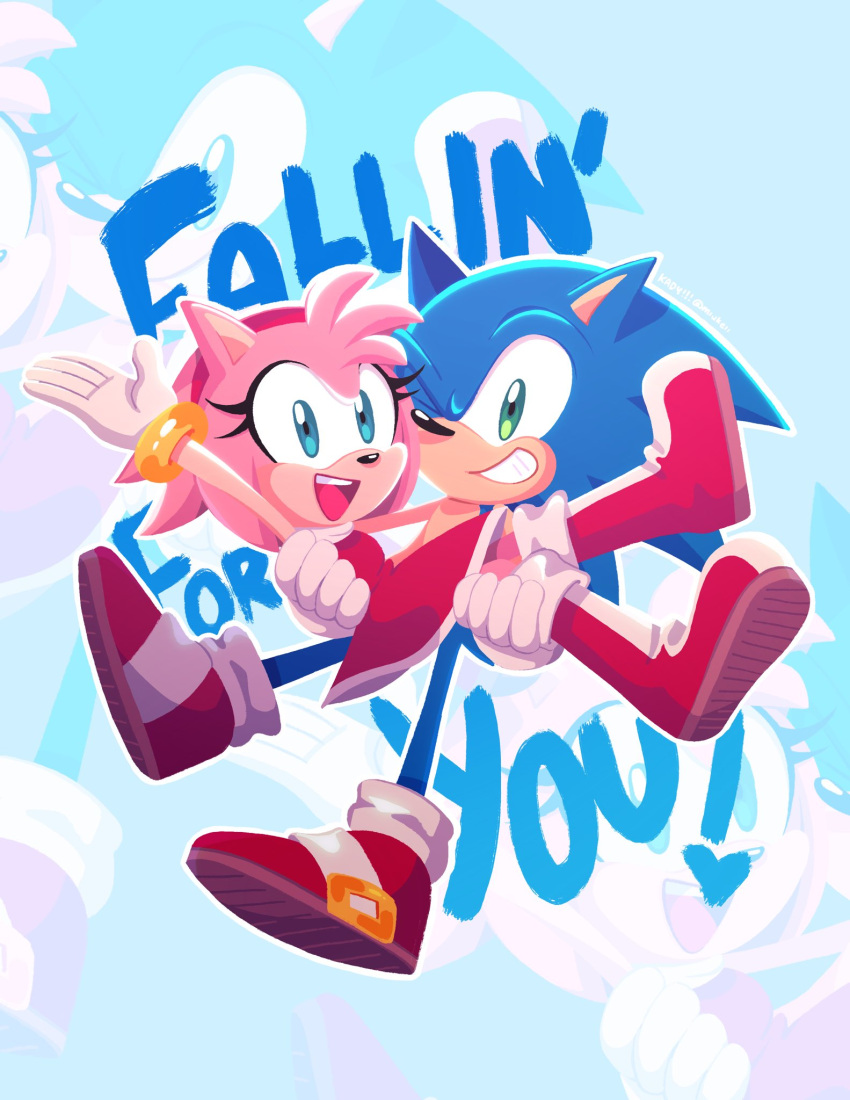 amy_rose arm_up blue_fur boots carrying dress english_text gloves gold_bracelet green_eyes hairband hedgehog hedgehog_ears hedgehog_girl hedgehog_tail highres kady_(miukeii) one_eye_closed open_mouth pink_fur princess_carry red_dress red_hairband shoes sleeveless sonic_(series) sonic_the_hedgehog teeth upper_teeth_only white_gloves zoom_layer