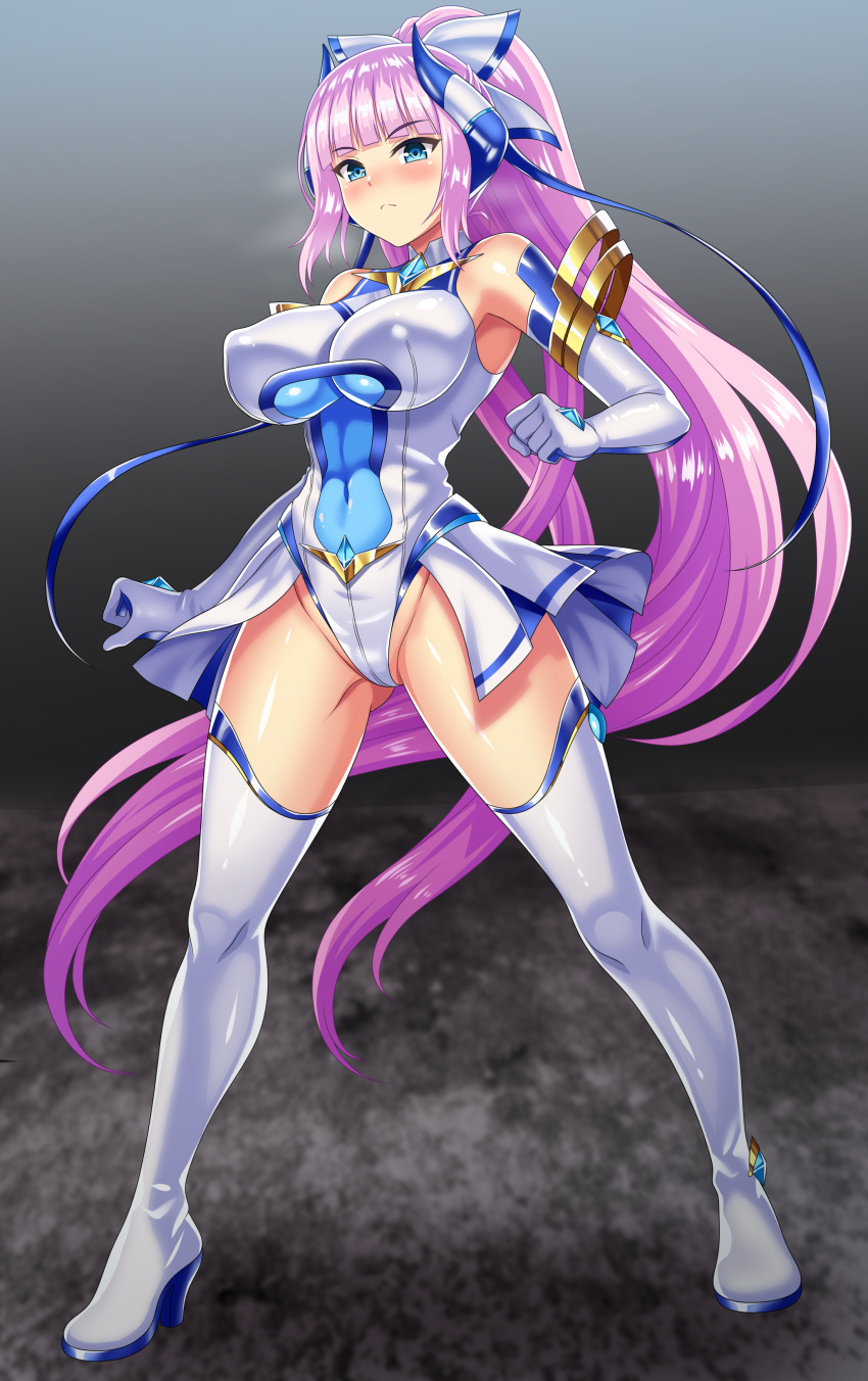 1girl absurdres blue_eyes blue_ribbon blush boots bow breasts closed_mouth elbow_gloves element_venus full_body gloves grey_background groin hair_bow highres horns impossible_clothes impossible_leotard kisaragi_nozomi large_breasts legs_apart leotard long_hair looking_at_viewer magical_girl ponytail purple_hair ribbon shinsou_seiki_elementia shiny_clothes shiny_skin simple_background sirano skin_tight skirt solo standing thigh_boots very_long_hair white_bow white_footwear white_gloves white_leotard white_skirt