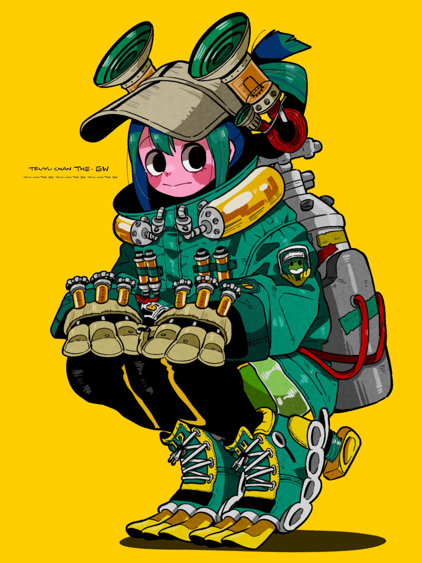 1girl :&gt; absurdres alternate_skin_color anna_(aannnaa3) aqua_footwear asui_tsuyu badge baggy_clothes black_eyes black_outline blush_stickers bodysuit bodysuit_under_clothes boku_no_hero_academia boots cable character_name check_clothing clothing_request colored_skin commentary_request container cross-laced_footwear flippers full_body gauge gloves green_hair grey_footwear hands_on_own_knees hands_up high_collar high_heels highres lace-up_heels legs_together liquid long_sleeves looking_to_the_side mechanical_gloves no_pupils object_request official_alternate_costume official_alternate_hairstyle outline pink_skin pocket science_fiction semi-transparent shade shadow short_hair sidelocks sideways_glance simple_background single_hair_ring solo split_mouth squatting sticker tank_(container) text_focus thigh_boots tiptoes transparent_raincoat tube updo valve visor_cap yellow_background yellow_footwear yellow_gloves