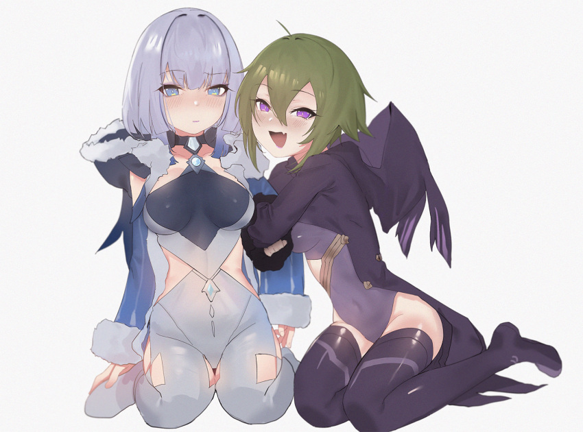 blue_eyes blush boots breasts cicin_mage_(genshin_impact) closed_mouth commentary cryo_cicin_mage_(genshin_impact) electro_cicin_mage_(genshin_impact) fang genshin_impact green_hair grey_background grey_hair hair_between_eyes hood hood_down leotard long_sleeves looking_at_viewer medium_breasts monoch multiple_girls open_mouth purple_eyes purple_leotard simple_background sitting skin_fang symbol-only_commentary thigh_boots thighhighs