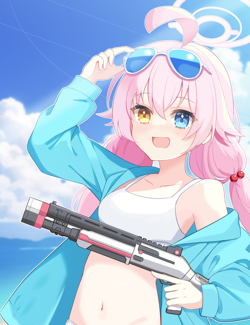 1girl :d absurdres adjusting_eyewear ahoge beretta_1301 bikini blue_archive blue_jacket blue_sky blurry cloud cloudy_sky commentary_request depth_of_field exusiai_dust eyewear_on_head frilled_bikini frills gun hair_between_eyes hair_bobbles hair_ornament halo heterochromia highres holding holding_eyewear holding_gun holding_weapon hood hooded_jacket hoshino_(blue_archive) hoshino_(swimsuit)_(blue_archive) jacket long_hair long_sleeves looking_at_viewer mountainous_horizon navel ocean official_alternate_costume open_clothes open_jacket outdoors pink_hair sidelocks sky sleeveless smile solo stomach sunglasses swimsuit weapon white_bikini