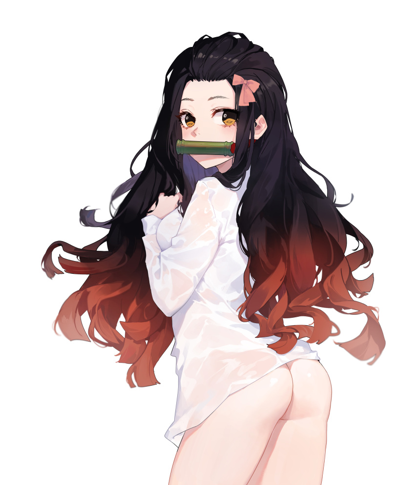 1girl absurdres ass bamboo bit_gag black_hair bottomless bow breasts brown_eyes cowboy_shot de_yi from_side gag hair_bow highres kamado_nezuko kimetsu_no_yaiba long_hair long_sleeves looking_at_viewer looking_to_the_side medium_breasts multicolored_hair naked_shirt red_hair see-through shirt sidelocks simple_background solo standing two-tone_hair variant_set wet wet_clothes wet_shirt white_background white_shirt