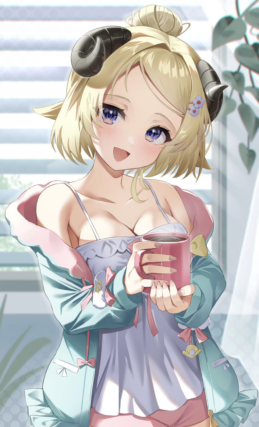 1girl absurdres animal_ears bare_shoulders black_horns blonde_hair blue_eyes blush breasts camisole cleavage coffee_mug collarbone commentary cowboy_shot cup frilled_jacket frills green_jacket hair_bun hair_intakes hair_ornament hairpin highres holding holding_cup hololive horns jacket large_breasts leaf long_sleeves mug off_shoulder official_alternate_costume official_alternate_hair_length official_alternate_hairstyle open_clothes open_mouth pink_nails pink_shorts purple_eyes rykysd sheep_ears sheep_girl sheep_horns short_hair short_shorts shorts solo sunlight swept_bangs tsunomaki_watame tsunomaki_watame_(5th_costume) upper_body virtual_youtuber white_camisole window