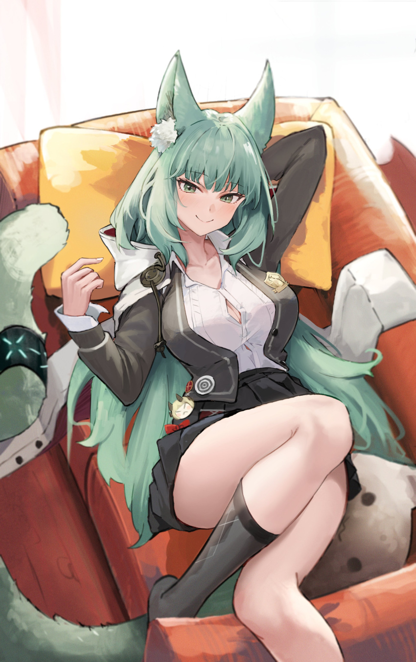 1girl absurdres animal_ear_fluff animal_ears arknights black_jacket black_skirt black_socks breasts button_gap cat_ears cat_girl cat_tail collarbone collared_shirt couch ema_(kuguiema) green_eyes green_hair harmonie_(arknights) highres jacket kneehighs large_breasts long_hair looking_at_viewer lying on_back on_couch open_clothes open_jacket pillow pleated_skirt shirt skirt smile socks solo tail very_long_hair white_shirt