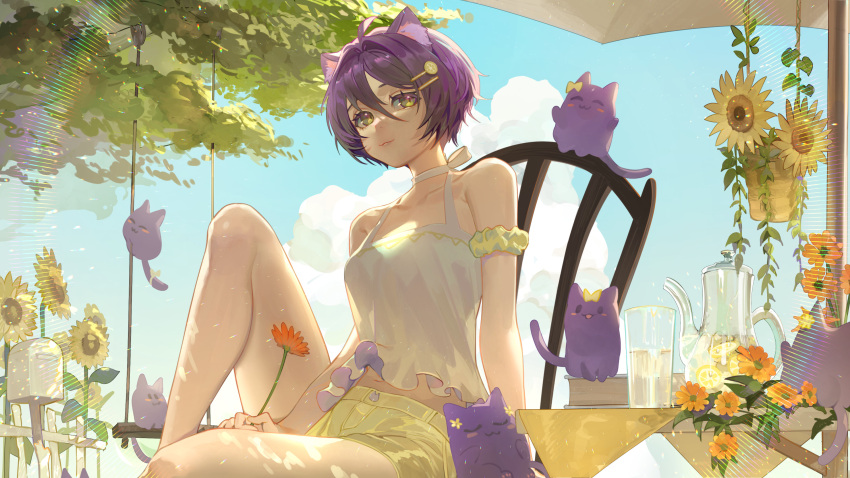 1girl absurdres animal_ear_fluff animal_ears arm_scrunchie bare_shoulders cat chair commentary_request cup drinking_glass flower hair_ornament hairclip halterneck highres indie_virtual_youtuber jean_faymas_(vtuber) mailbox_(incoming_mail) outdoors pitcher_(container) purple_cat purple_hair short_hair shorts sitting sky solo summer sunflower table tank_top uyuyuun virtual_youtuber white_tank_top yellow_eyes yellow_shorts