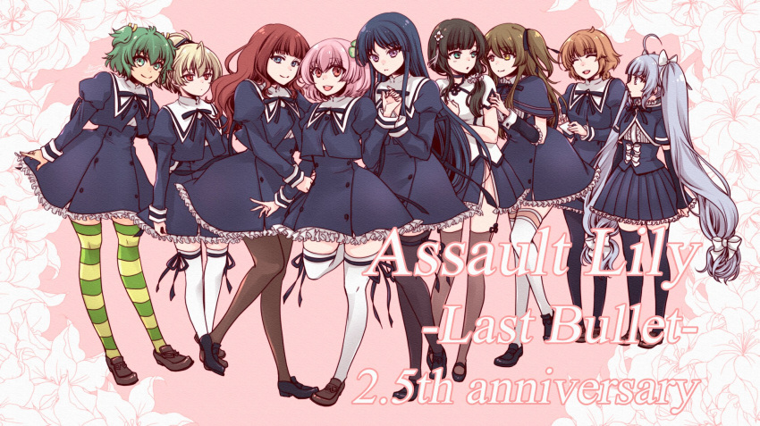 6+girls ahoge andou_tazusa anniversary antenna_hair arm_at_side arm_cutout arm_hug arms_at_sides assault_lily black_capelet black_footwear black_hair black_pantyhose black_ribbon black_skirt black_thighhighs blonde_hair blue_eyes blunt_bangs bow brown_footwear brown_hair brown_pantyhose brown_thighhighs capelet center_frills closed_eyes clothing_cutout clover_hair_ornament collared_shirt commentary copyright_name cropped_jacket detached_sleeves floral_background flower four-leaf_clover_hair_ornament frilled_shirt_collar frilled_skirt frilled_sleeves frills futagawa_fumi girl_sandwich green_eyes green_hair green_thighhighs grey_hair hair_between_eyes hair_bow hair_flower hair_ornament hair_ribbon hair_scrunchie hand_on_another's_arm hand_on_own_chest hand_up hands_up heterochromia high-waist_skirt highres hitotsuyanagi_riri holding holding_notepad holding_pen juliet_sleeves kaede_johan_nouvel kuo_shenlin leg_ribbon leg_up loafers long_hair long_sleeves looking_at_another looking_at_viewer looking_to_the_side low_ponytail mary_janes miniskirt miriam_hildegard_von_gropius multicolored_thighhighs multiple_girls neck_ribbon notepad one_side_up open_mouth orange_hair pantyhose parted_lips pen pink_background pink_hair pleated_skirt ponytail profile puffy_sleeves purple_eyes red_eyes ribbon sandwiched school_uniform scrunchie shirai_yuyu shirt shoes short_hair side_ponytail side_slit sidelocks skirt smile standing standing_on_one_leg striped striped_thighhighs takemiya_jin tassel tassel_hair_ornament teeth thigh_ribbon thighhighs twintails two_side_up underbust upper_teeth_only very_long_hair wang_yujia wavy_hair white_bow white_flower white_scrunchie white_thighhighs yellow_eyes yellow_ribbon yellow_thighhighs yoshimura_thi_mai yurigaoka_girls_academy_school_uniform zettai_ryouiki