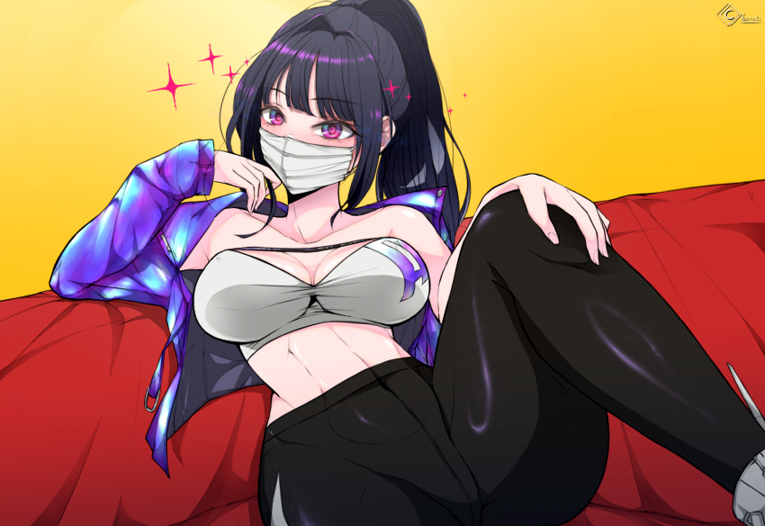 1girl bandeau black_hair black_pantyhose blue_jacket breasts chaneti cleavage commentary_request cowboy_shot goddess_of_victory:_nikke hair_between_eyes headgear high-waist_pantyhose highres jacket large_breasts mask midriff mouth_mask off_shoulder open_clothes open_jacket pantyhose purple_eyes simple_background sin_(nikke) single_bare_shoulder solo standing stomach strapless tube_top