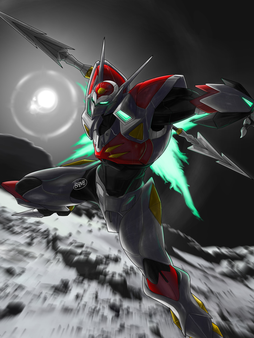 absurdres afterbrnr glowing glowing_eyes henshin highres holding holding_polearm holding_weapon mecha polearm power_armor robot science_fiction solo_focus speed tekkaman_blade tekkaman_blade_(character) weapon