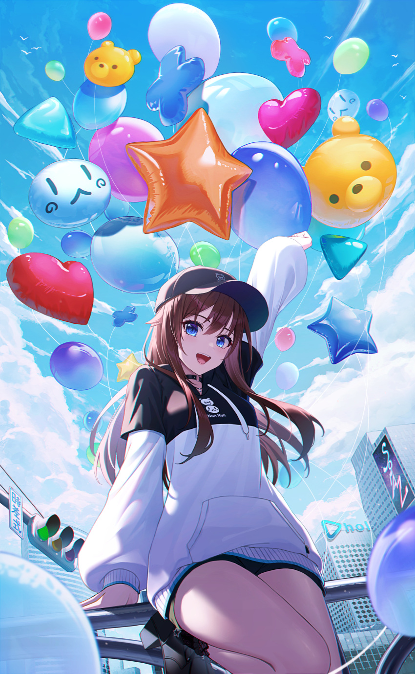 1girl absurdres ankimo_(tokino_sora) arm_up balloon bare_legs baseball_cap black_choker black_footwear black_headwear black_hoodie black_shorts blue_eyes blue_sky breasts brown_hair character_balloon choker city cloud cloudy_sky commentary day foot_out_of_frame hair_between_eyes hat heart_balloon highres hololive hood hoodie long_hair long_sleeves looking_at_viewer medium_breasts nun_nun_(tokino_sora) o-ring o-ring_choker official_alternate_costume open_mouth outdoors platform_footwear railing short_shorts shorts sky smile solo standing standing_on_one_leg star-ring star_balloon thighs tokino_sora tokino_sora_(streetwear) traffic_light two-tone_hoodie virtual_youtuber white_hoodie