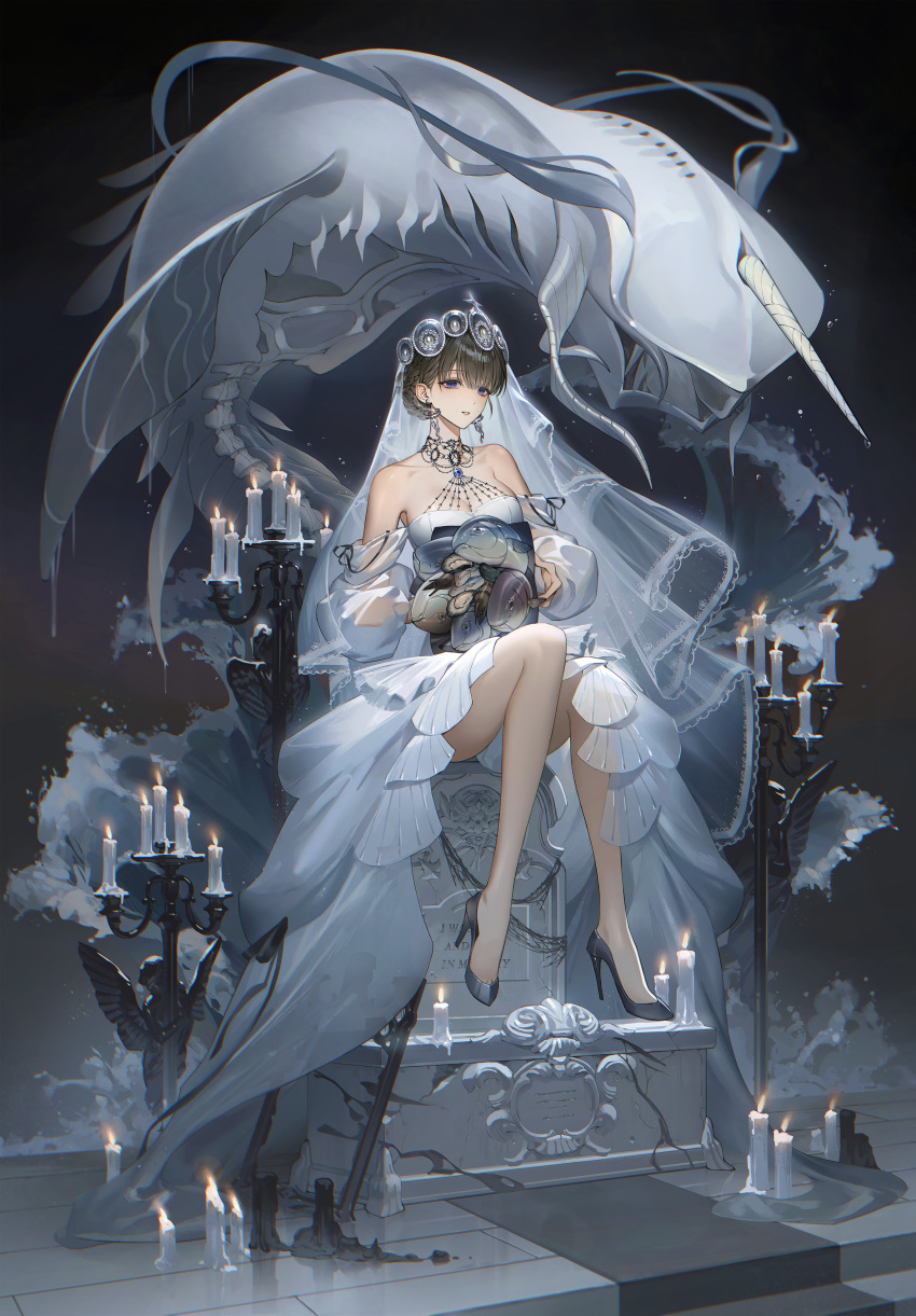1girl absurdres angel_statue animal bare_legs bare_shoulders black_background blue_eyes blue_gemstone braid braided_bangs breasts candle candlestand carpet cleavage coal collarbone crack cross detached_sleeves dress earrings exposed_bone fire fish flying_fish full_body gem hair_bun high_heels highres holding horns jewelry layered_dress light_particles looking_ahead medium_breasts monster necklace original oversized_animal parted_lips reflective_floor running_bond school_of_fish see-through see-through_sleeves single_hair_bun single_horn sitting sitting_on_object smile stairs stiletto_heels strapless strapless_dress tiara tombstone updo veil waves wet white_dress zzom_b