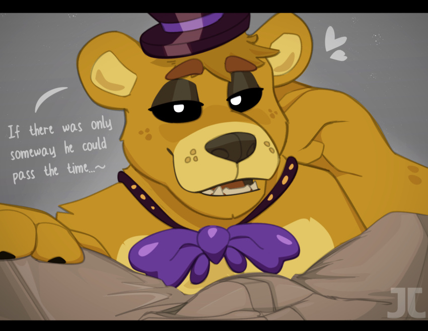 absurd_res anthro bear clothed clothing dialogue duo first_person_view five_nights_at_freddy's fur golden_freddy_(fnaf) hat headgear headwear hi_res human jumpy_jackal male mammal necktie scottgames yellow_body yellow_fur