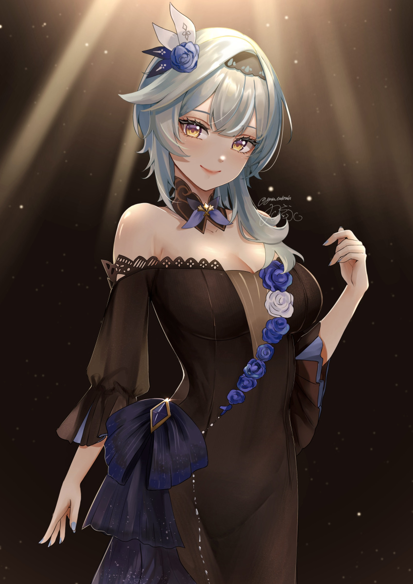 1girl absurdres artist_name bare_shoulders black_dress black_hairband blue_flower blue_hair blue_nails blue_rose breasts cleavage cowboy_shot dark_background detached_collar dress eula_(genshin_concert)_(genshin_impact) eula_(genshin_impact) flower flower_ornament genshin_impact gnsn_tukituki hair_flower hair_ornament hairband hand_up highres lace-trimmed_dress lace_trim light_particles lipstick looking_at_viewer makeup medium_breasts medium_hair off-shoulder_dress off_shoulder official_alternate_costume rose sidelocks signature solo spotlight wide_sleeves yellow_eyes