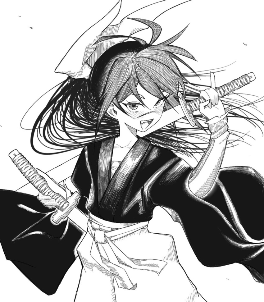 1girl :d blush commentary_request dual_wielding floating_hair greyscale hakama highres holding holding_sword holding_weapon isekai_samurai japanese_clothes k_i_r_i_p_o katana kimono long_hair long_sleeves looking_at_viewer monochrome scar scar_on_face scar_on_nose simple_background smile solo sword tsukitsuba_ginko very_long_hair weapon white_background wide_sleeves