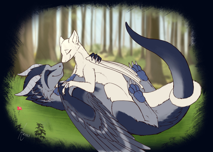 2023 adexos ardeo blue_body blue_fur blue_markings boop cheek_tuft claws cuddling day digital_media_(artwork) digitigrade dragon duo embrace entwined_tails eyes_closed facial_tuft feathered_wings feathers feet female feral fingers flower fluffy fluffy_ears fluffy_tail forest fur furred_dragon grass grey_body grey_fur hand_holding hand_on_back happy hi_res horn hug inner_ear_fluff interlocked_fingers lavin light long_neck lying lying_on_another male markings membrane_(anatomy) membranous_wings multicolored_body multicolored_fur neck_tuft nose_boop on_back outside pawpads paws plant quadruped smile sunlight tail tail_coil toes touching_noses tree tuft two_tone_body two_tone_fur white_body white_fur winged_arms wings wyvern