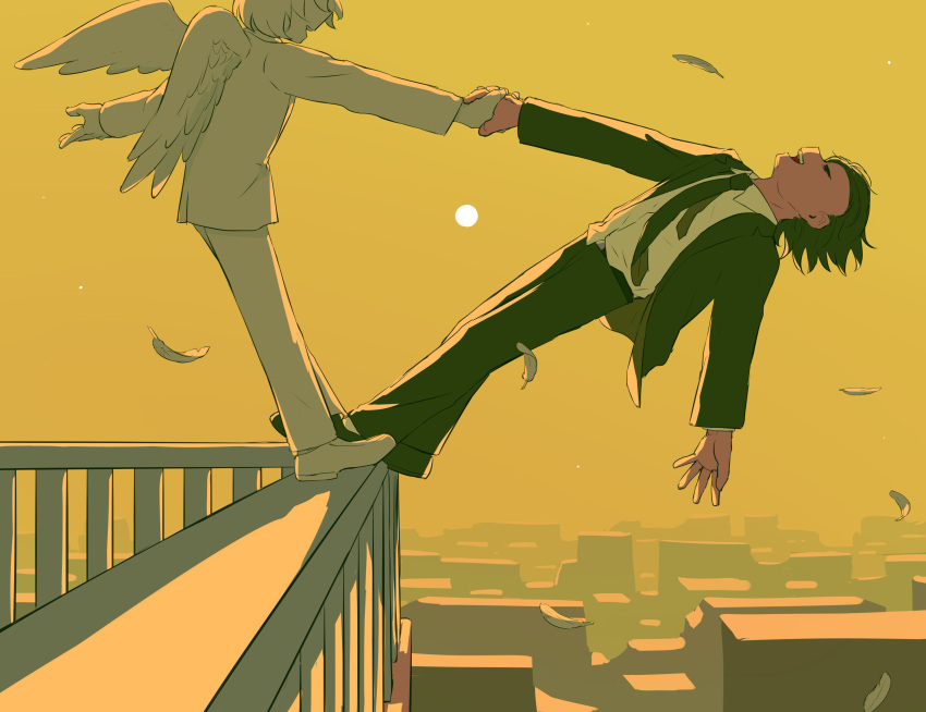 2boys absurdres angel angel_wings atmospheric_perspective avogado6 backlighting black_hair black_necktie black_suit cityscape closed_eyes collared_shirt colored_skin commentary dancing dress_shirt falling_feathers haze head_out_of_frame highres holding_hands imminent_suicide leaning_back ledge loafers long_sleeves monochrome_background multiple_boys necktie on_railing original railing salaryman shirt shoes short_hair smile suit surreal white_hair white_skin white_suit wings yellow_background