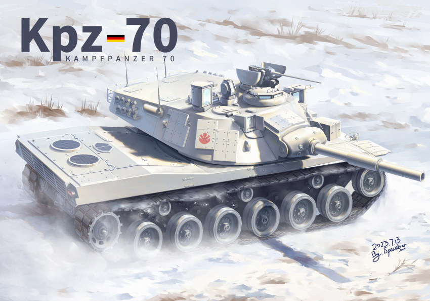 absurdres artist_name commission dated day german_flag highres military military_vehicle motor_vehicle original outdoors pixiv_commission reactive_armor snow spacebar_tyan tank