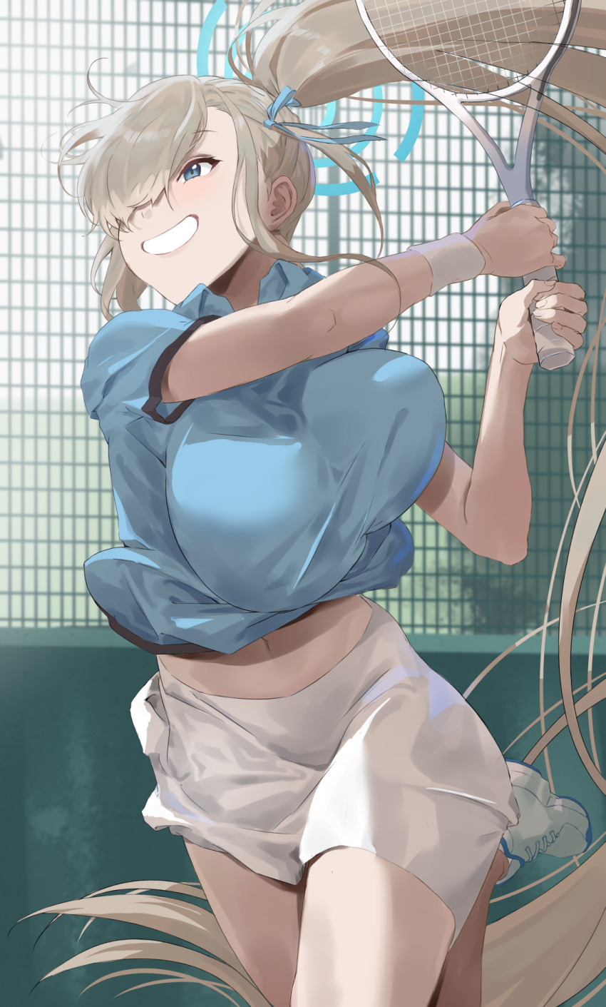 1girl asuna_(blue_archive) asymmetrical_bangs blue_archive blue_shirt blush breasts hair_over_one_eye halo highres holding_tennis_racket huge_breasts kuu_(user_gngs5284) light_brown_hair long_hair navel one_eye_covered outdoors ponytail shirt skirt smile solo standing standing_on_one_leg tennis very_long_hair white_skirt wristband